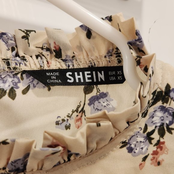 Shein Frill Neck Pleated Front Shirred Cuff Floral Print Top Apricot - Picture 5 of 7